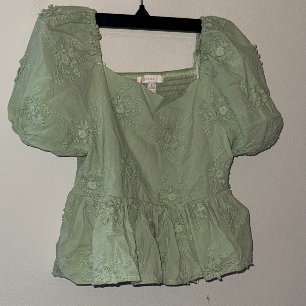 GB Girls puff sleeves smocked back Sage Embroidered Blouse Sz L (12-14)